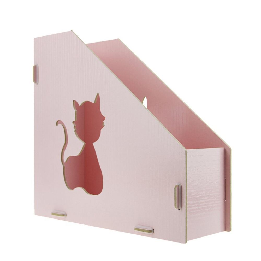 Georgie sød kat udhulet diy træ magasin holder desktop bøger arrangør kontor filsamler (lyserød)