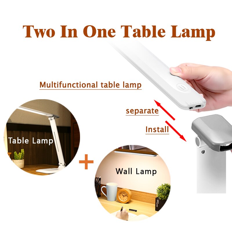 To-i-en aftagelig ledet bordlampe 3- tilstands lysstyrke genopladelig usb-læring bordlampe til undersøgelse