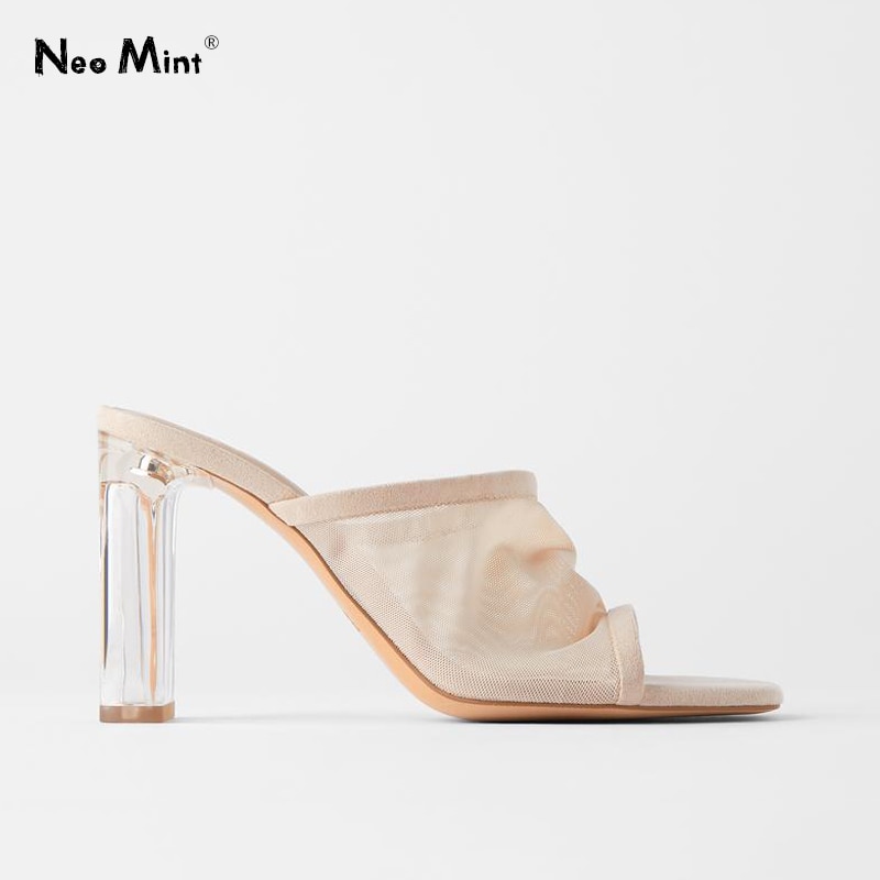 Nuevas sandalias transparentes de malla para mujer, Sandalias de tacón alto con punta cuadrada, sandalias de cuero de ante con punta abierta para mujer, zapatos transparentes de verano