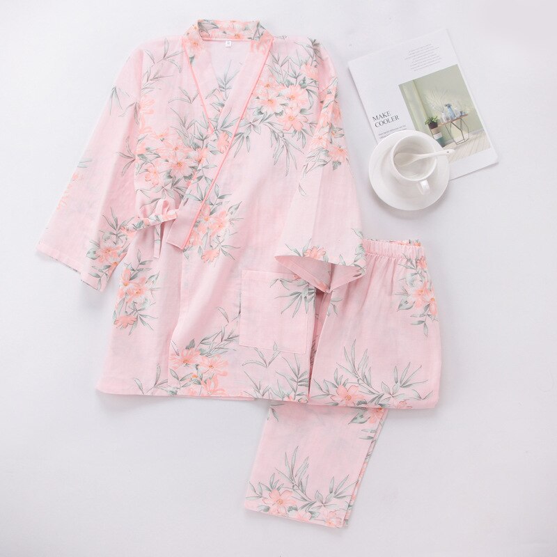 Yukata de estilo japonés para mujer, ropa de dormir con Kimono Floral de primavera, conjunto de pijamas finos de algodón para el hogar, ropa de dormir de ocio para mujer: Color1 / L