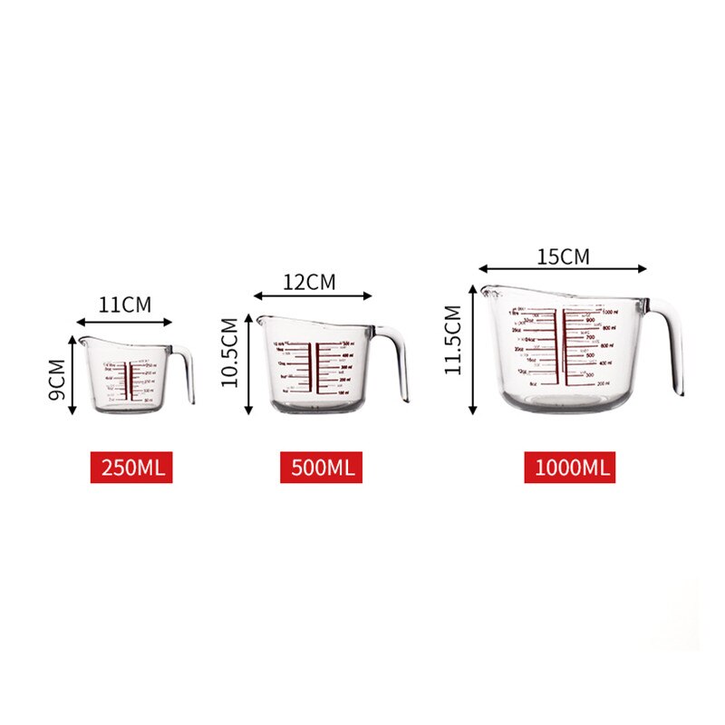 Taza medidora de vidrio resistente al calor con escala, herramienta de medición de vidrio para horno microondas, Hornear en Casa con agarre en ángulo de medición roja