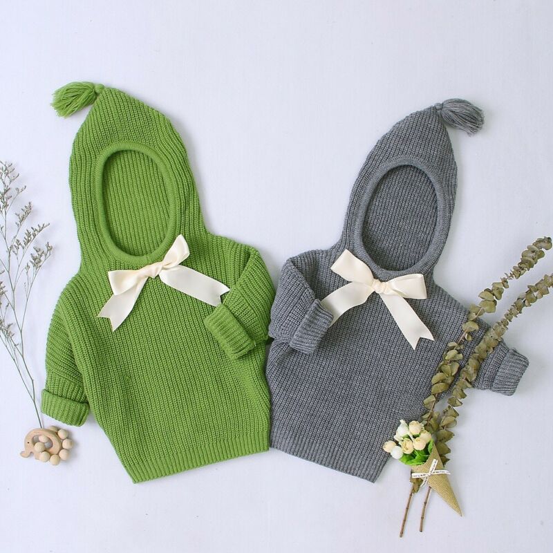 Herbst Herbst Winter Neugeborenen Kleinkind Baby Mädchen Stricken Mit Kapuze Warme Pullover Top Bowknot Feste Kleidung