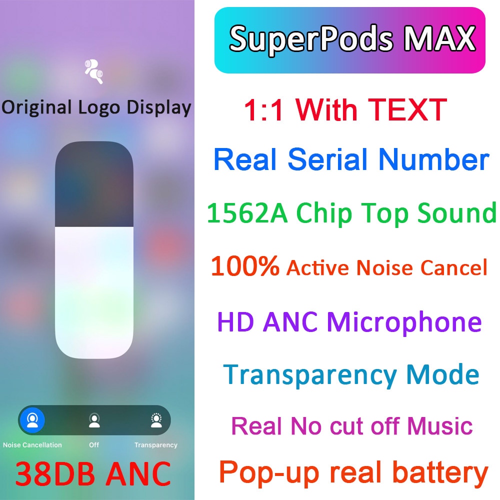 Superpods max tws wirelesss fones de ouvido bluetooth airoha 1562a 1:1 com texto 38db anc cancelamento de ruído fones super bass hd mic