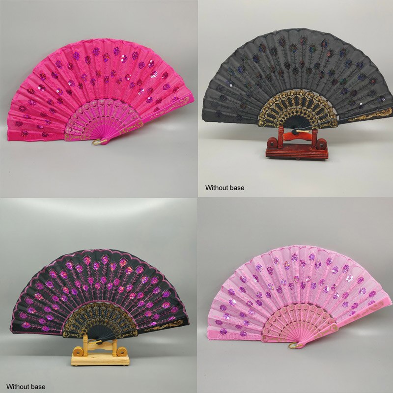 Art Folding Tail Feather Plastic Bone Sequins Carved Hand Fan Summer Accessory Crafts Print Home Decor Embroidery