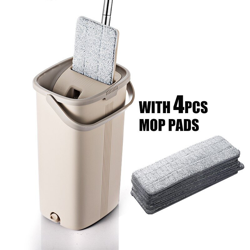 Cubo de fregona plano exprimible Manos libres con mango de acero inoxidable cabezal giratorio de limpieza de suelo en seco húmedo 360 con almohadillas de fregona reutilizables: DR-BHW126
