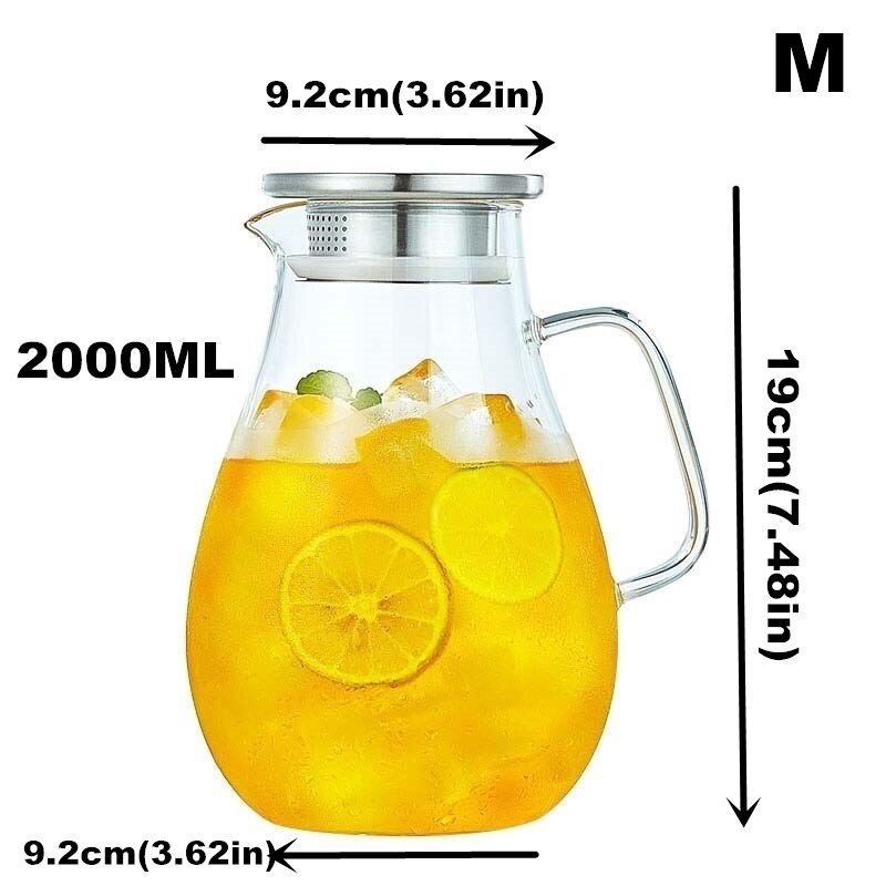 2500ML High Capacity Borosilicate Glass Infuser Teapot Heat-Resisting Tea Pot With Stainless Steel Bamboo Lid Cold Water Kettle: 1500ml steel cover M