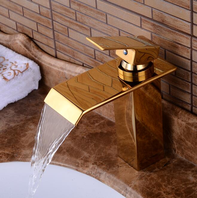 waterval brede uitloop golden Stijl Messing Kraan Enkele Handgreep Warm en Koud mengkraan Water tap 9962