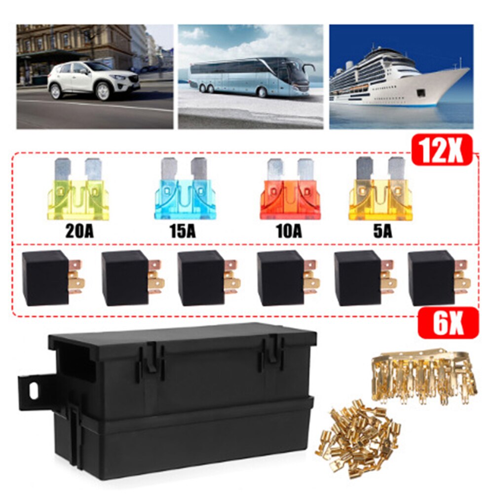Porte-fusible 12V 40a, couvercle en plastique à 11 voies, porte-boîte à fusibles pour voiture, camion marin, remorque, bateau avec bornes à pelle, 6 pièces, 4 broches