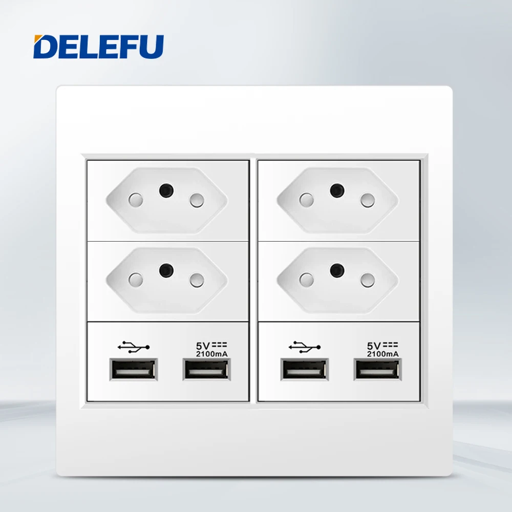 DELEFU 4x4 Fireproof PC Panel Brazil Standard Outlet Double USB Type C Wall Power Socket Light Switch Office White 10A 20A: 6.0M / Ivory