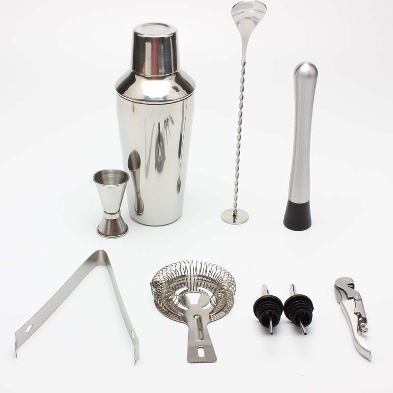 Set di shaker per cocktail Martini, 10 pezzi (500 ml), misurini da 15 ml e 30 ml, cucchiaio da bar attorcigliato, colino, pestello, miscelatore, versatore per bottiglie
