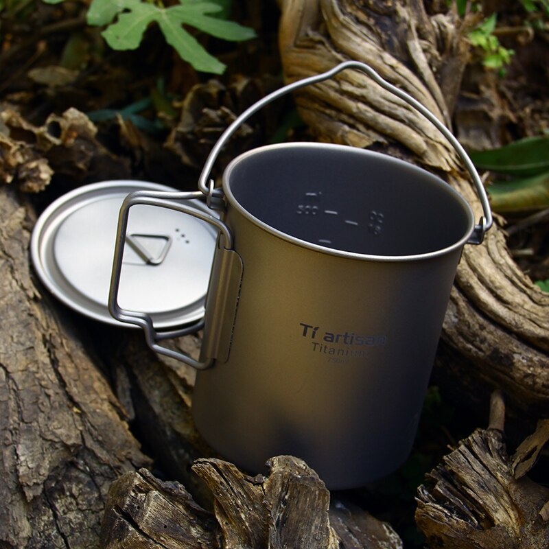 Tiartisan 750ml titanium hängande kastrull med lock hopfällbart handtag utomhus camping drickskopp för picknick bestick köksredskap  ta8315- bh