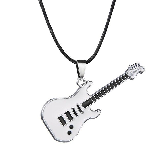 Rinhoo Trendy Leather Chain Guitar Necklace For Men Punk Rock Music Jewelry Stainless Steel Pendant Necklace: White