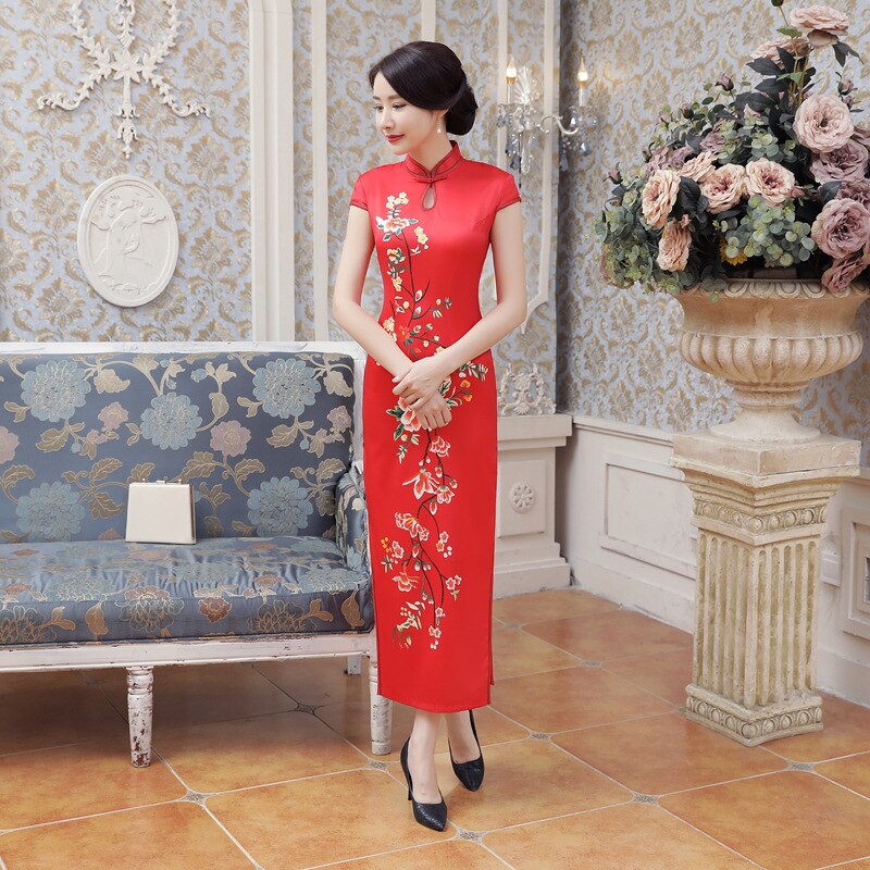 Spring Summer Cheongsam Long Satin Daily High Slit Cheongsam Performance Costume Performance Tang Suit Classic Modern Qipao
