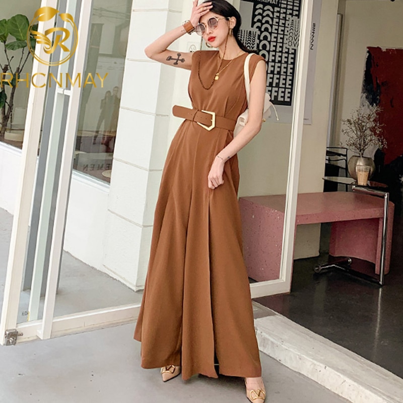 Summer Office Ladies Jumpsuits Bussines Sleeveless O Neck Sashes Overalls Formal Work Wide -Leg Rompers Jumpsuit with Belt