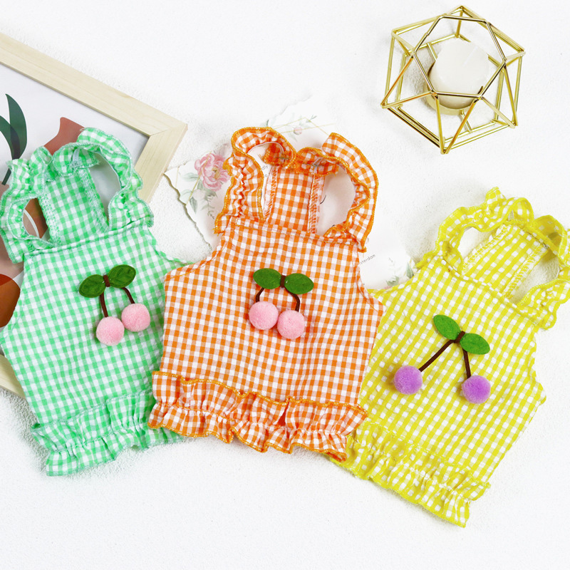 Ropa de verano para perros, vestido de tirantes de cereza a cuadros, falda fina con protector solar para perros pequeños, disfraz de Chihuahua, Bichon, caniche, vestidos para cachorros y mascotas