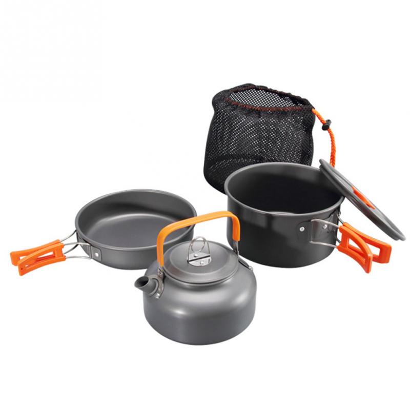 3Pcs Reizen Outdoor Camping Wandelen Cookware Set Aluminiumlegering Kit Draagbare Vouwen Non Stick Pot Pan Theepot Koekenpan