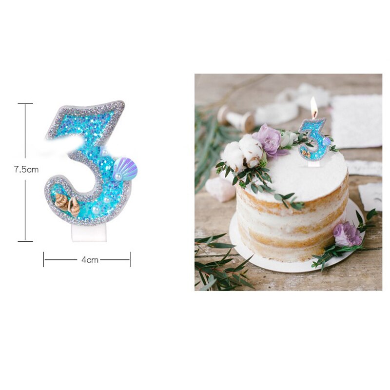 Blue Shell Glitter Crown Number Birthday Candles Cake Toppers Birthday Wedding Digital Cakes Dessert Decor Birthday Decoration