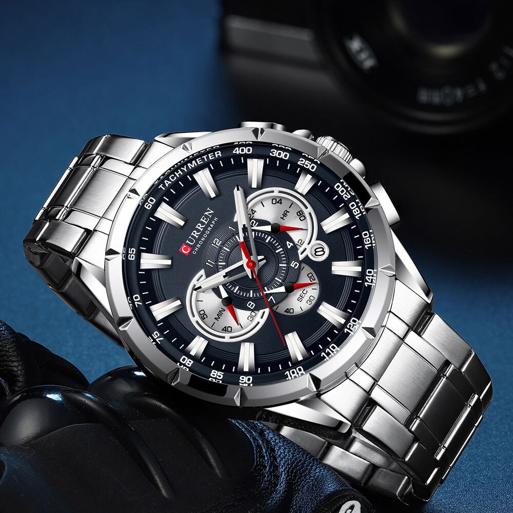 CURREN Casual Sport Chronograaf Heren Horloges Roestvrij Stalen Band Horloge Grote Wijzerplaat Quartz Klok met Lichtgevende Pointers