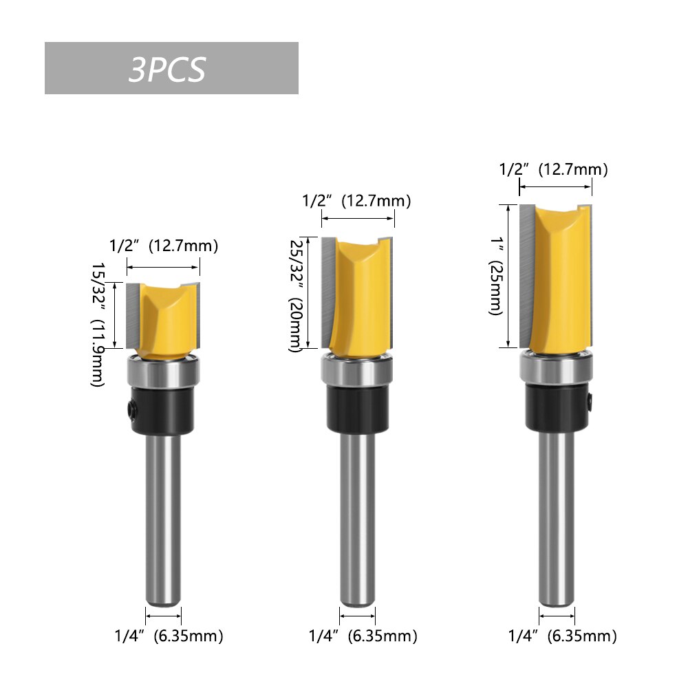 3pcs 1/4'' Flush Trim Router Bit Pattern Bit Top &amp; Bottom Bearing 1/2" Blade Template Edge Wood Trimmer Cutter Carpenter MC01061: 3pcs set