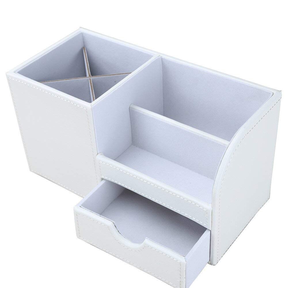 XRHYY White 3 Storage Compartments PU Leather Office Desktop Organizer Stationery Box Collection Business Card/Pen/Pencil