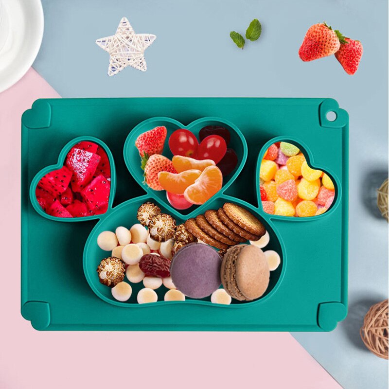 Prato de Silicone Alimentos Complementares de Formação do bebê Bacia de Alimentação Integrada infantil Ventosa Bandeja Talheres Anti-queda