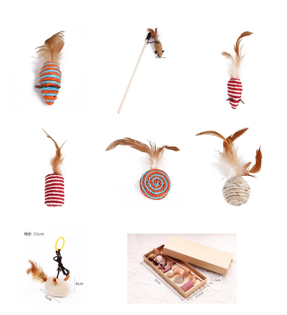 7 Style/1 Set Cat Toy Hemp Rope Interactive Stick Funny Cats Toys Kitten Mouse Fishing Game Wand Feather Accessory