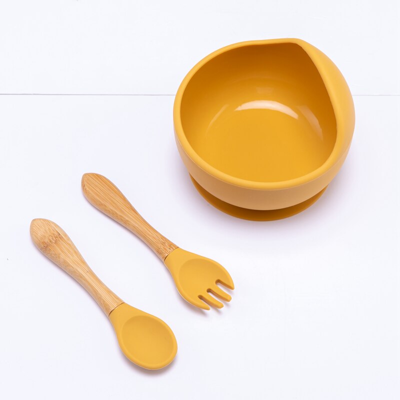 Baby Silicone Bowl Fork Spoon Straw Cup Set Silicone Bowl &amp; Spoon Learning Dishes Tableware Suction Bowl BPA Free Baby Product: 3PCS mustard