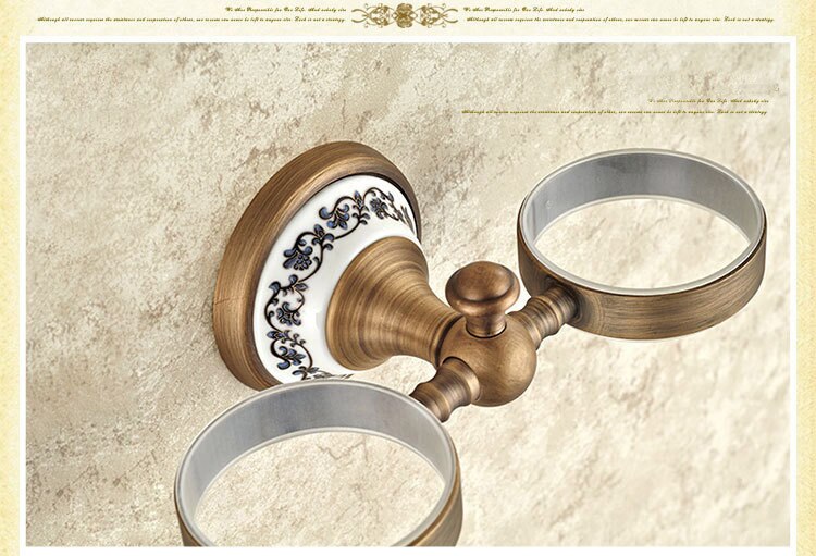 Mässing antikt porslin dubbelglas mugghållare tandborsthållare badrumstillbehör sanitetsporslin badrumsmöbel toalett