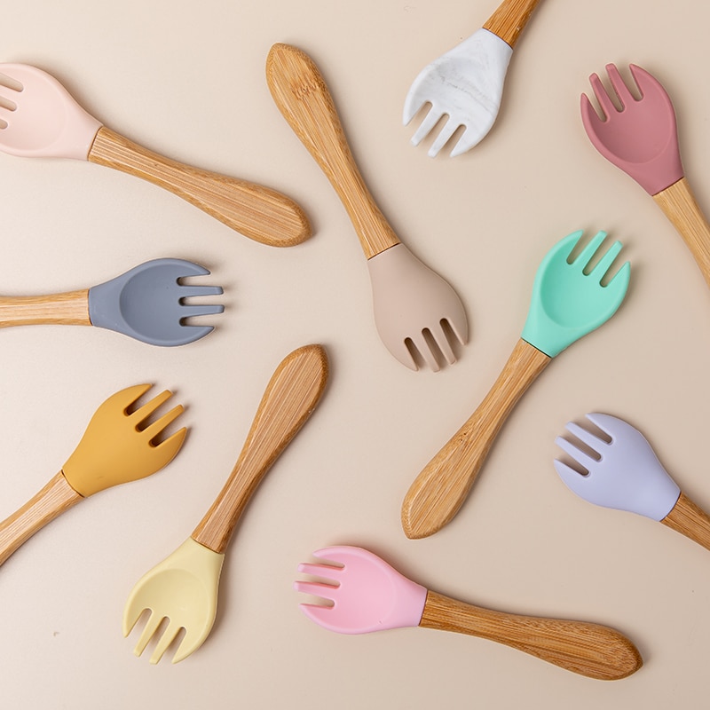 1pc Holz Silikon Baby Löffel Gabel Sicherheit Fütterung Geschirr Umwelt freundliche Kleinkind Baby Fütterung Zubehör Utensilien