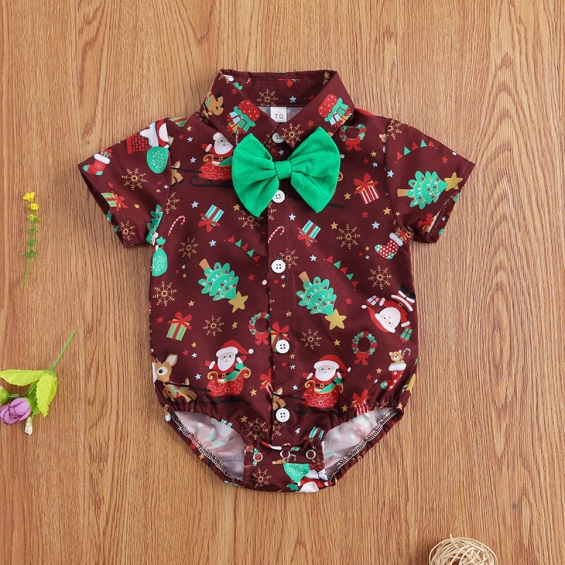 Newborn Baby Boys Summer Christmas Romper Short Sleeve Bow-tie Cartoon Pattern Jumpsuits for Kids Baby Boys