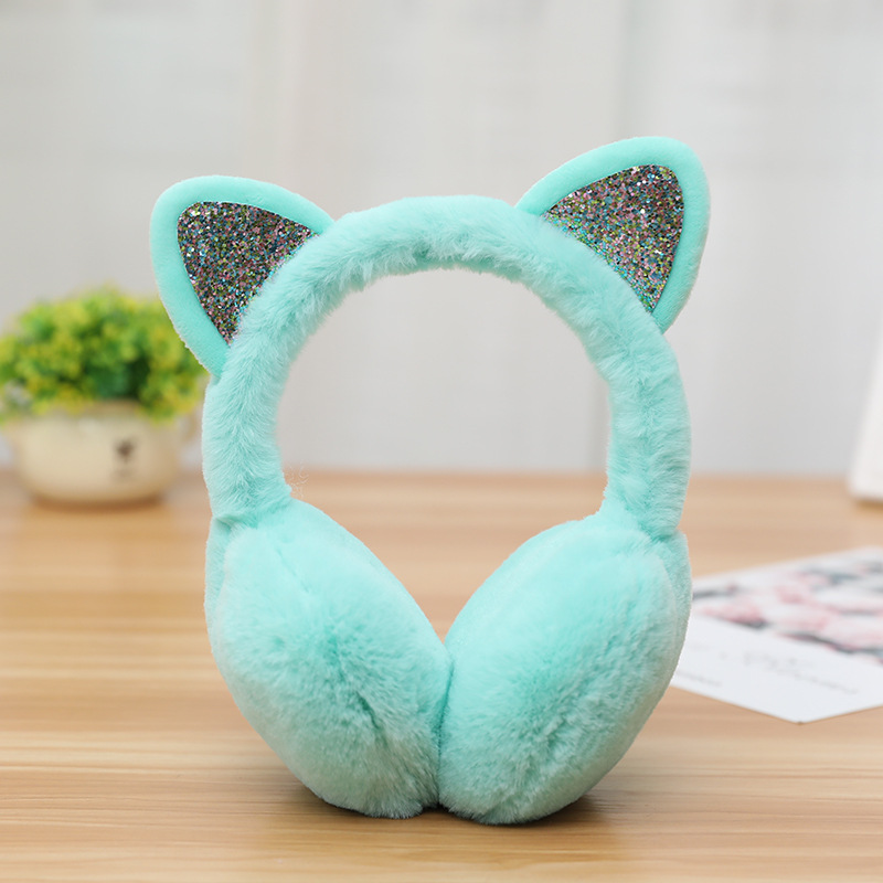 Ear Muffs Cat Animal Ears Warmer For Women Girls Cute Winter Outdoor Ear Cover Warm Sequin Earmuffs Fluffy Earflap Ear Warmers: Green