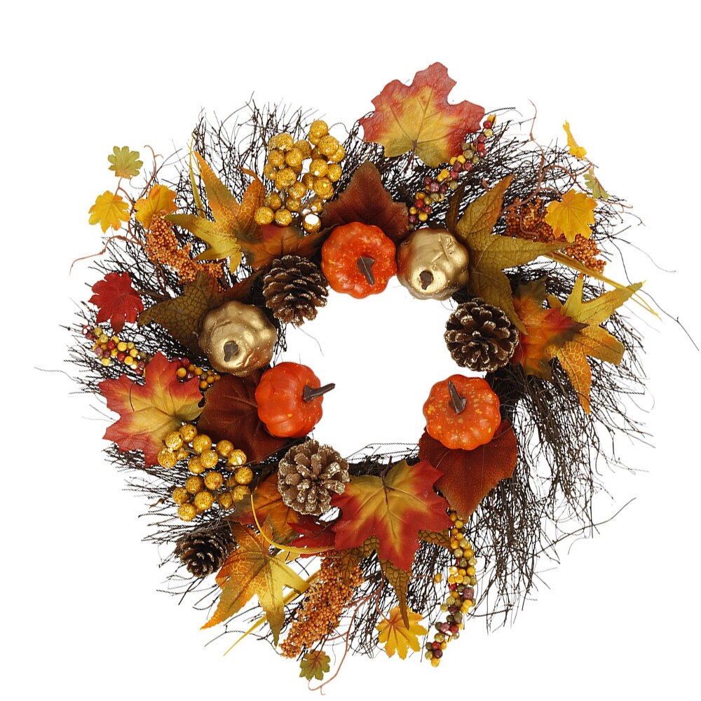 45cm Autumn Maple Leaves Leaf & Pumpkin Wreath Door Wreath Artificial Pumpkin Berries Pine Cone Maple Manmade Garland: Mint Green