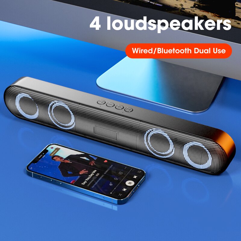 Bluetooth 5.0 Home Loudspeaker Box 360° Surround 6D Soundbar Speakers Stereo Subwoofer Sound Bar for PC Laptop Cool Lights Mode