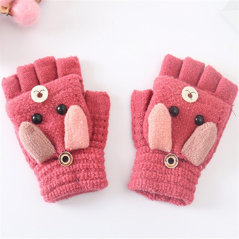 6-12Y Del Bambino Del Capretto Della Ragazza del Ragazzo Caldo Inverno Guanti Guanti Maglia Animale Del Fumetto di Spessore per bambini I Bambini Tenere In Dito Caldo: Rose Red