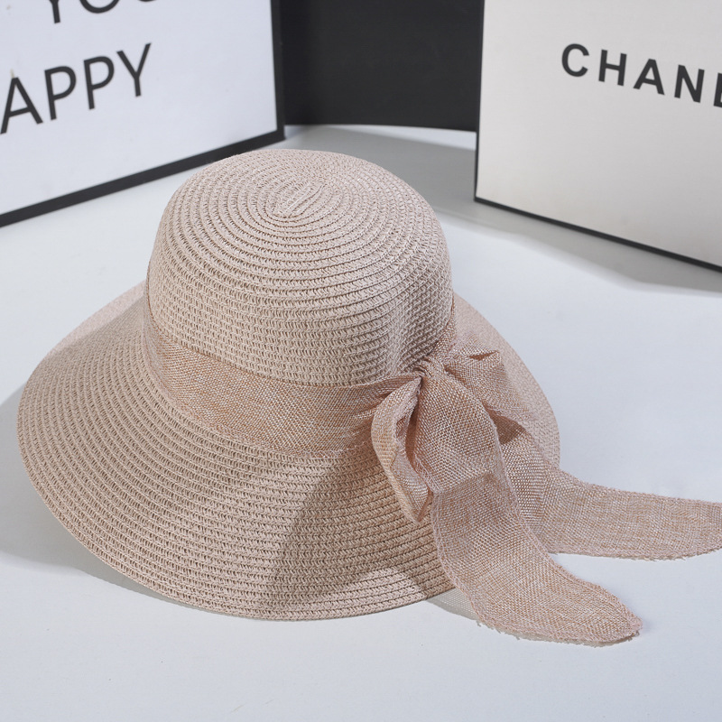Beach Hat Japanese Everything Hairy Edge Straw Hats Female Summer Flat Top Outing Sun Hats Small Fresh Bow Sun Shade Beach Hat: Pink