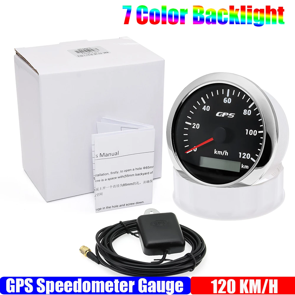 Velocímetro GPS de 85MM para Motor barco marino, retroiluminación de 7 colores, 30 ~ 200 KmH, medidor de velocidad para barco, coche y camión con antena GPS personalizada: Oro