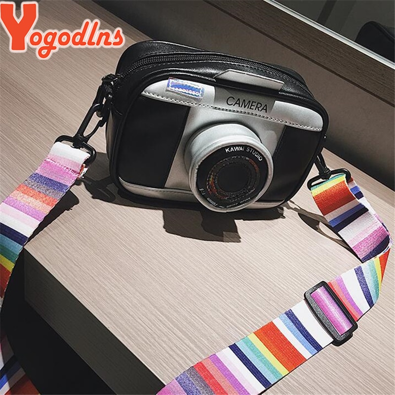 Yogodlns rolig kamera form handväska väskor för kvinnor liten personlighet pu läder crossbody väskor regnbågsrem axel flickor