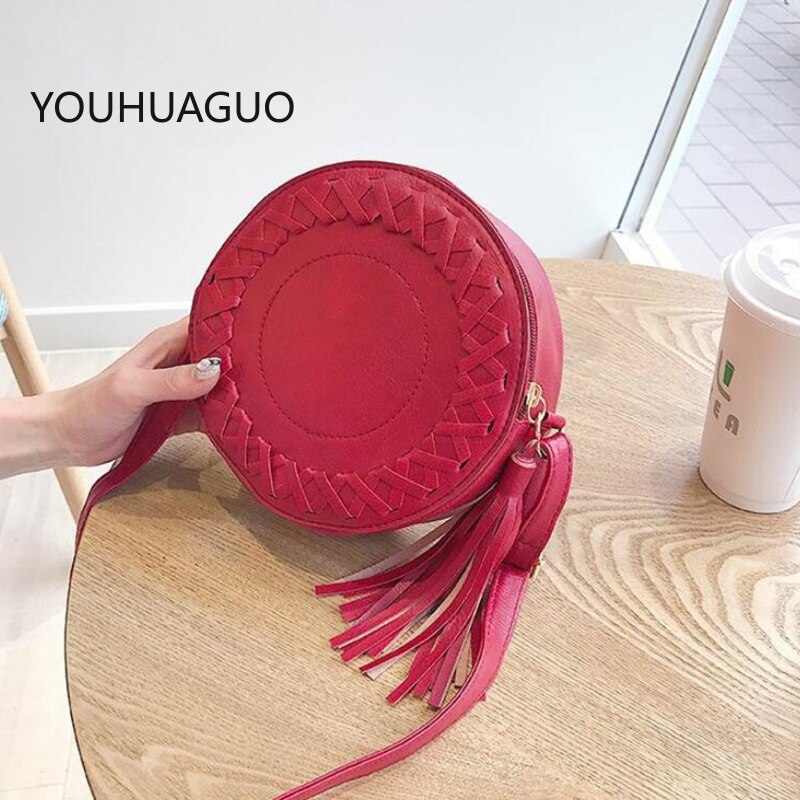 YOUHUAGUO Women shoulder bag round Weave bag female handbag small crossbody bags for Girls PU leather tassel purse