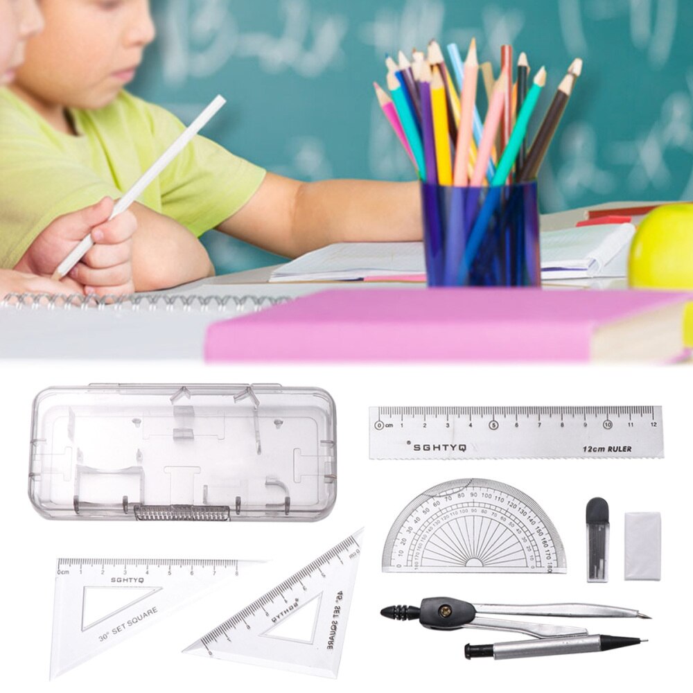 Compasses Set Geometry Drawing Tool with Protractor Divider Ruler Pencil Lead Eraser