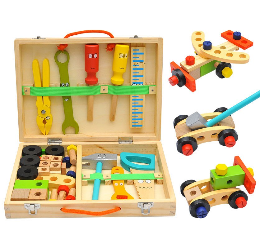 Juguete de madera para bebé, caja de herramientas con mango para niños, juegos educativos de aprendizaje, Montaje de tornillos, juguetes de jardín para niños