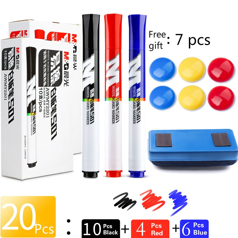 M &amp; G White Board Marker Zwart/Blauw/Rode Inkt Met Witte Boord Gum En Magnetische Blok Non-Irriterende Geur Voor Kits Office Supply: 10black 6blue 4red