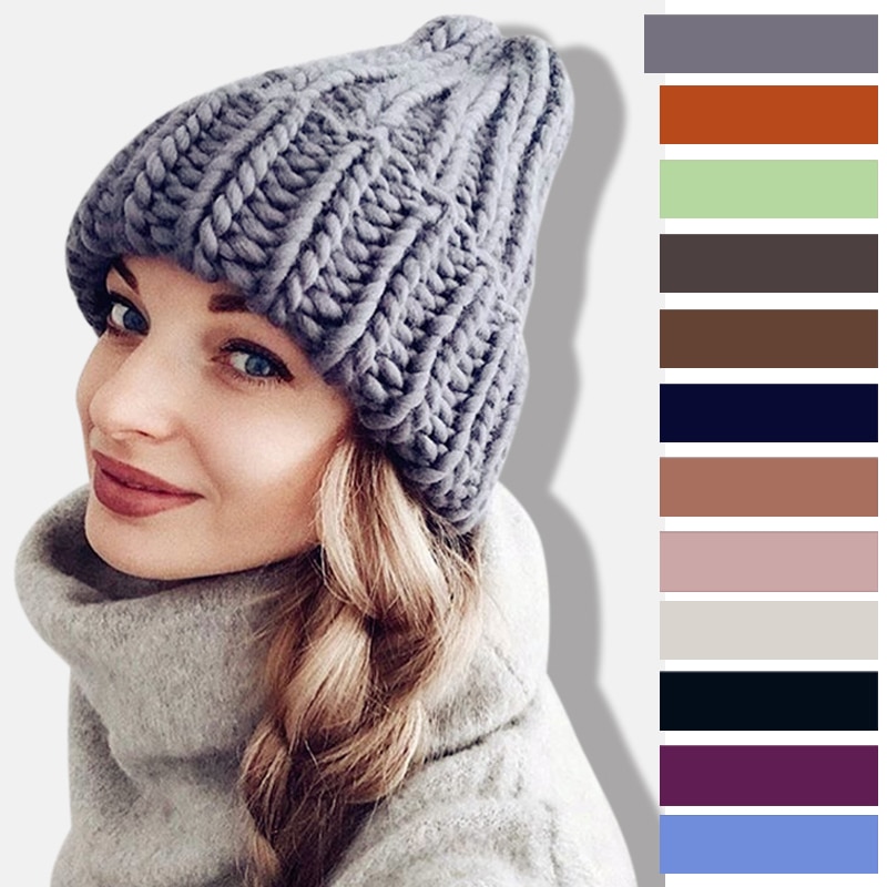 Gorro de lana gruesa para mujer, gorros tejidos a la , cómodos, informales, gorros de lana