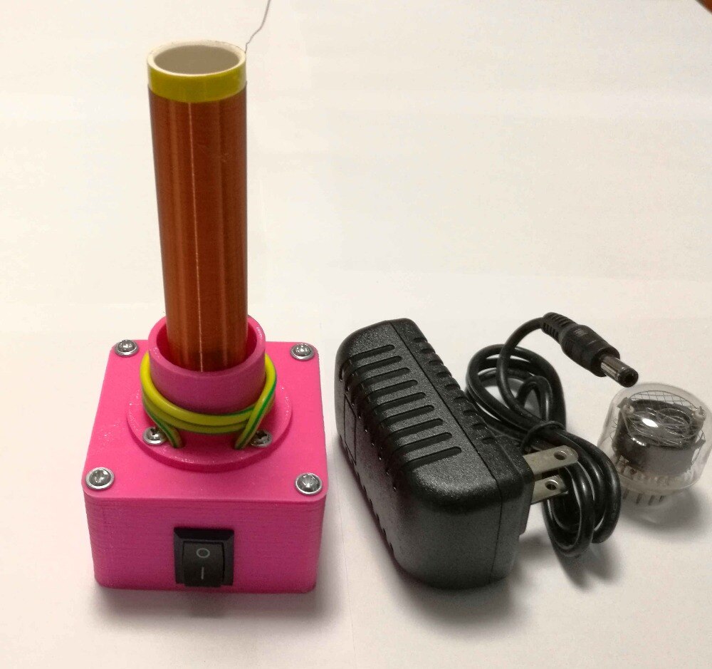 Single Tube Self-exciting Tesla Coil with Glow Tube and Power Supply, Wirelessly Lighting Energy-saving Lamps