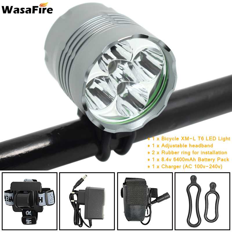 5*t6 led cykellygte lanterne 7000lm cykel forlygter mtb forlygte cykellygte  + 8.4v oplader  + 18650 batteripakke: 6400 mah og pandebånd