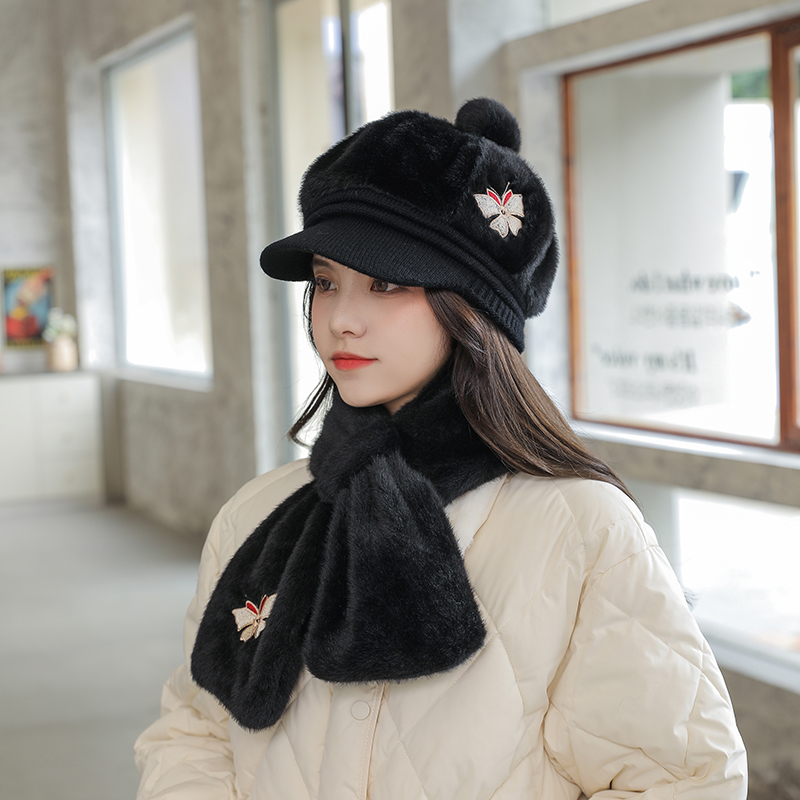 Chapeau octogonal en laine de pour adulte, couvre-chef femme papillon avec couvre-cou, deux pièces, neige, pour l&#39;extérieur, hiver 100%: Black