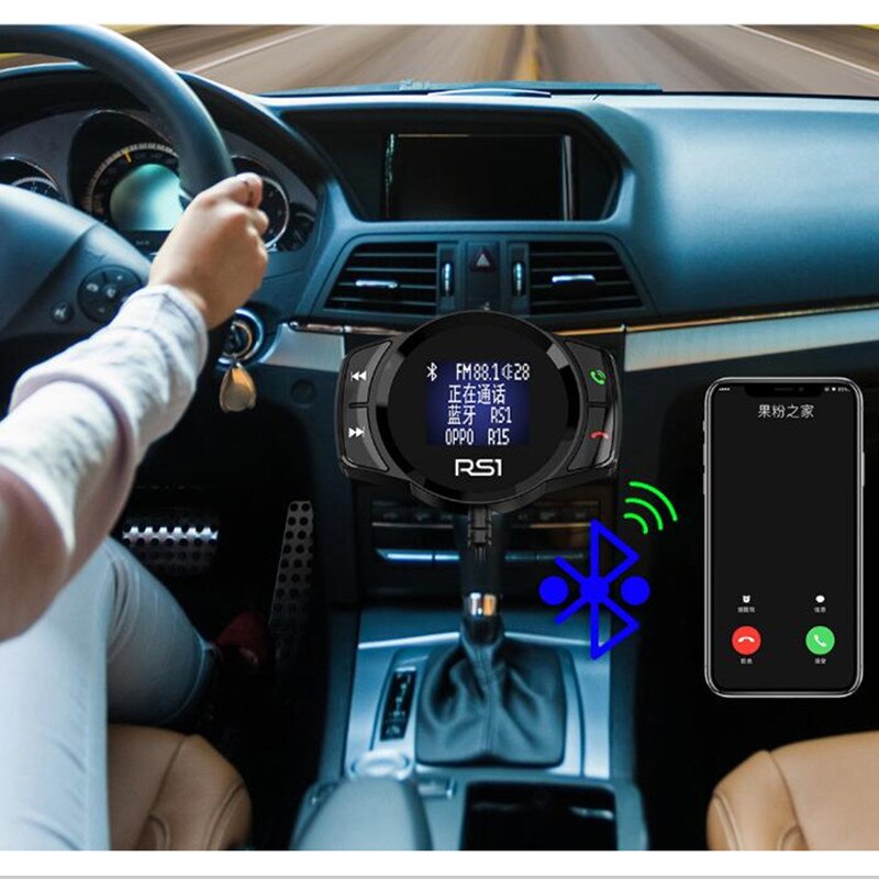 Multifunctional Vehicle Charger RS1 Wireless Bluetooth FM Transmitter Hands Free Car Kit Large Display MP3 Player USB Charger