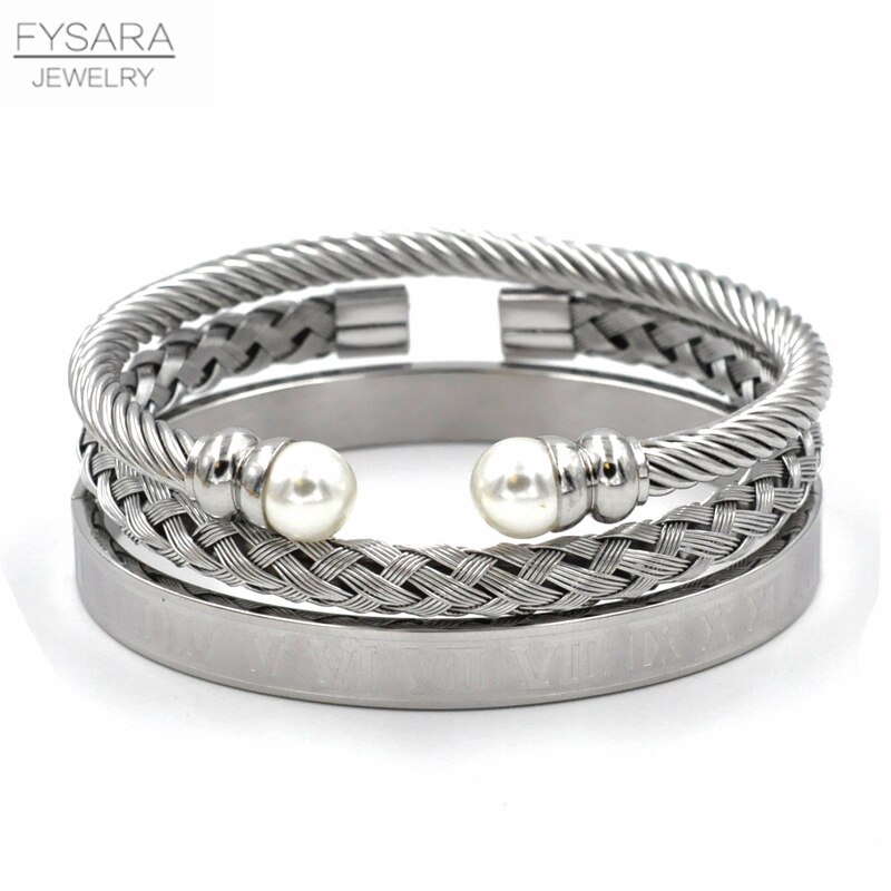 Fysara 3 pçs/set charme pérola manguito pulseiras feminino jóias acessórios rosa cor de ouro roman pulseiras fio torção manguito pulseiras