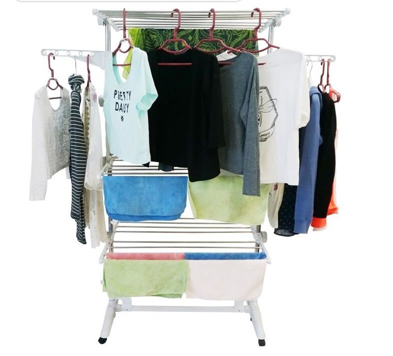 Stainless Steel Clothes Rack Four-layer Drying Rack Foldable Feet Easy To Assemble With Pulleys Sturdy Storage Laundry Hanger
