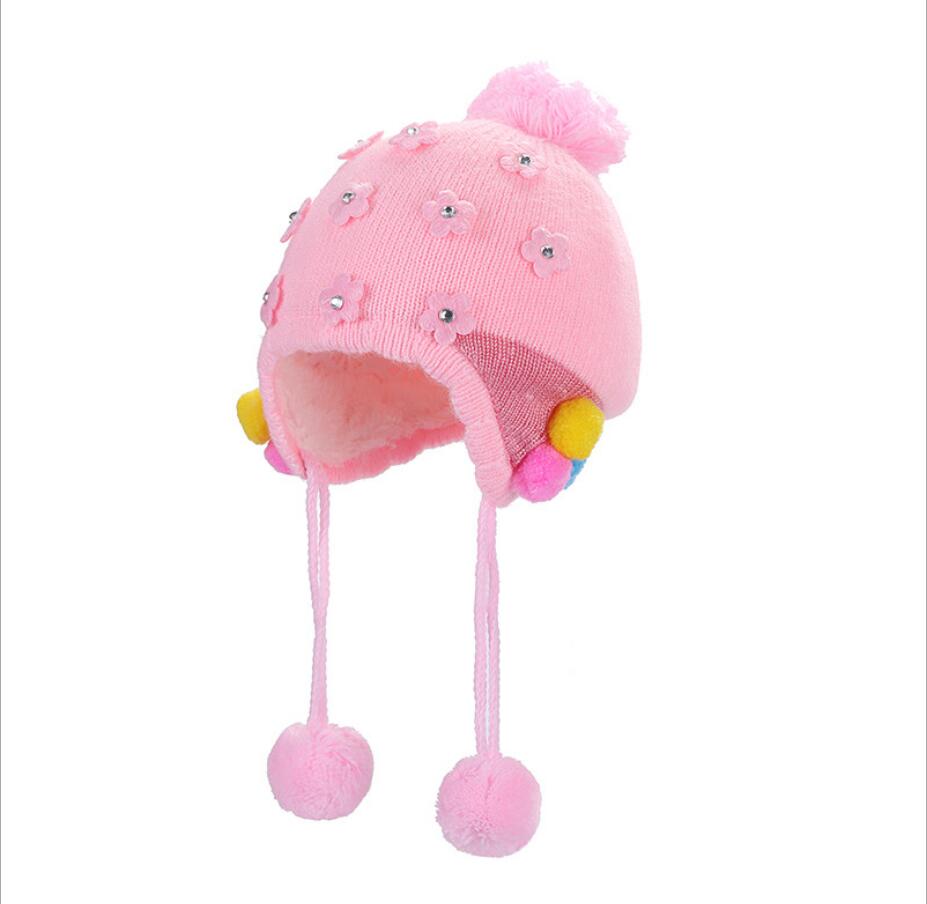 Rhinestone Small Flower Baby Girls Cashmere Beanie Hat Outdoor Autumn Winter Knitting Warm Cap Kids Beanie