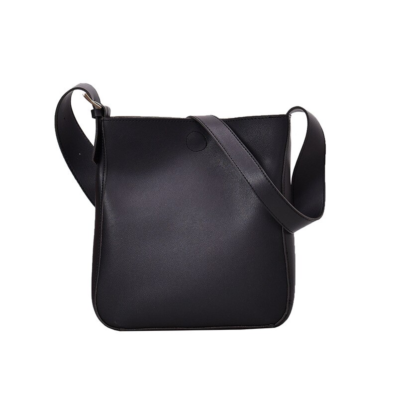 casual large capacity totes wide strap buckets bag luxury soft pu leather shoulder crossbody bags lady simply big purse: black